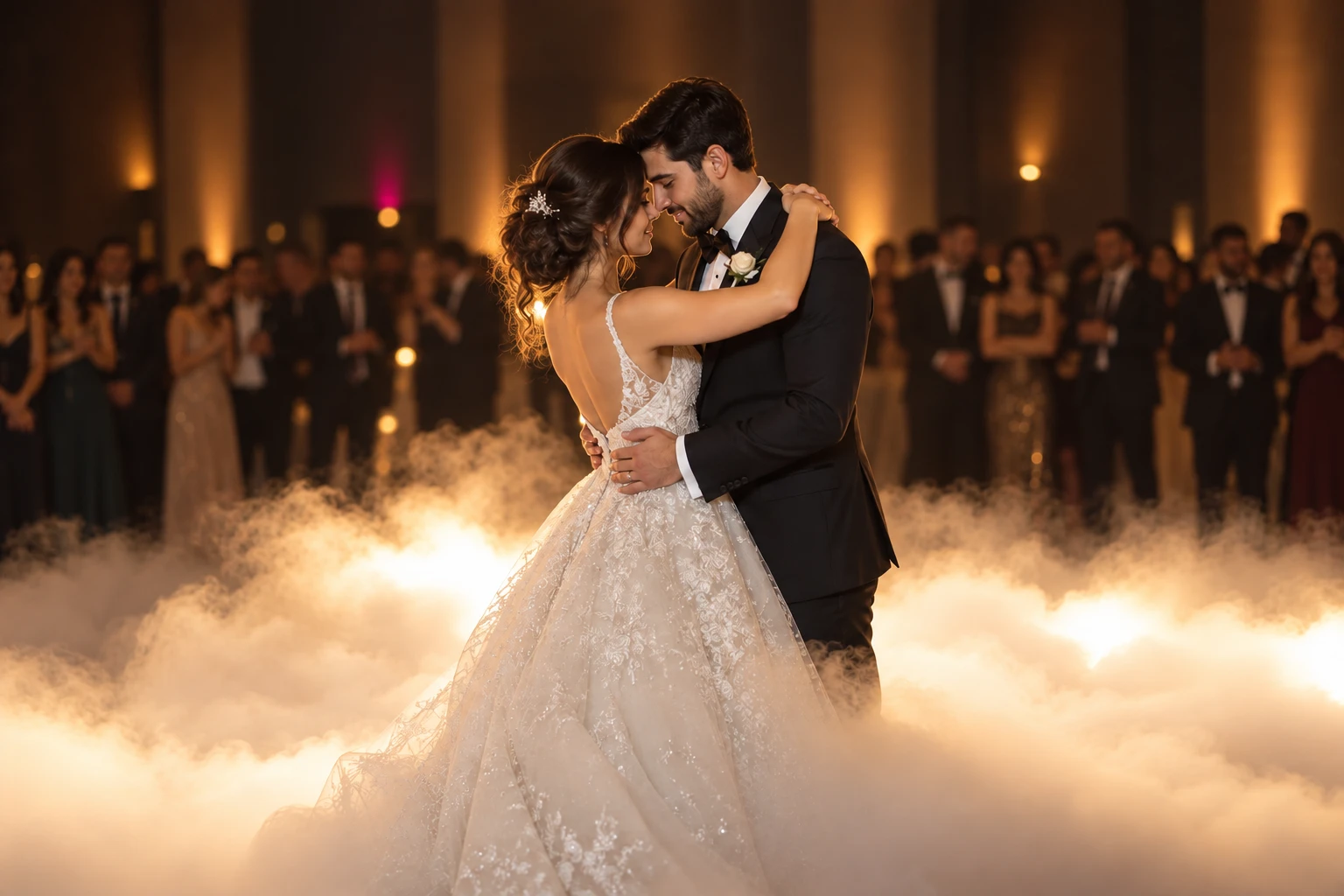 Pareja bailando sobre humo bajo